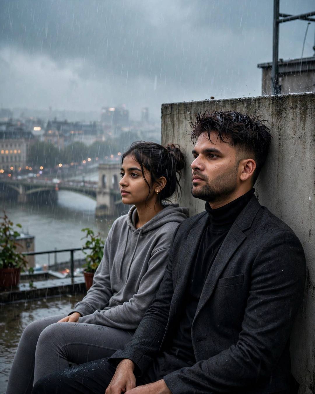 Couple sitting on a rooftop with backs against the wall in heavy rain, a bridge and river behind them