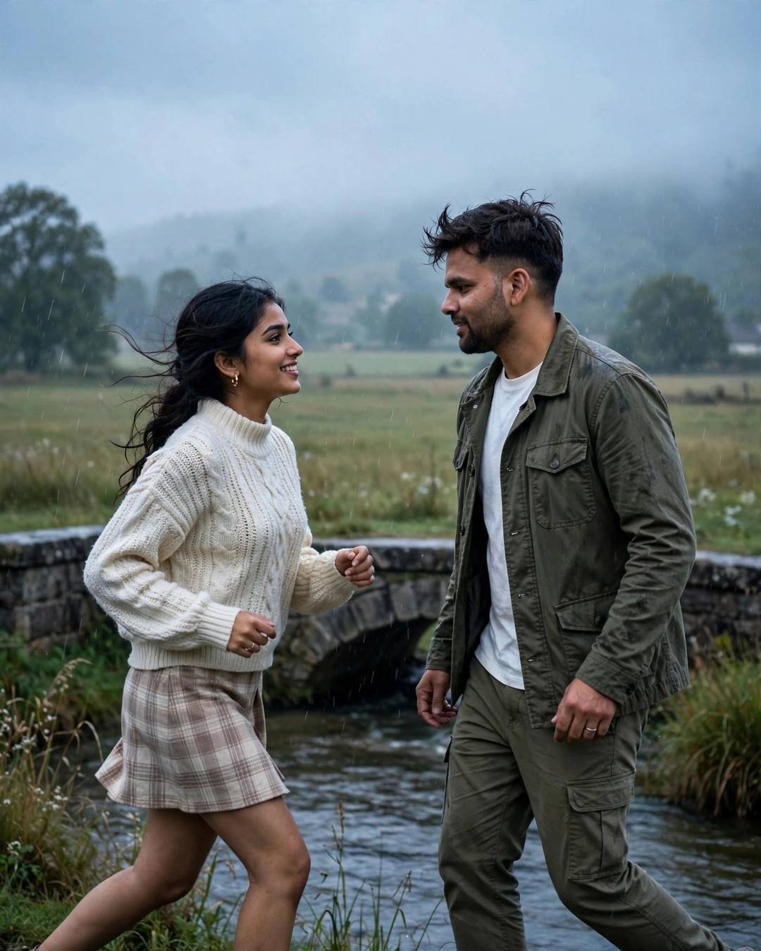 Young Indian couple running toward each other across a rainy field by a bridge
