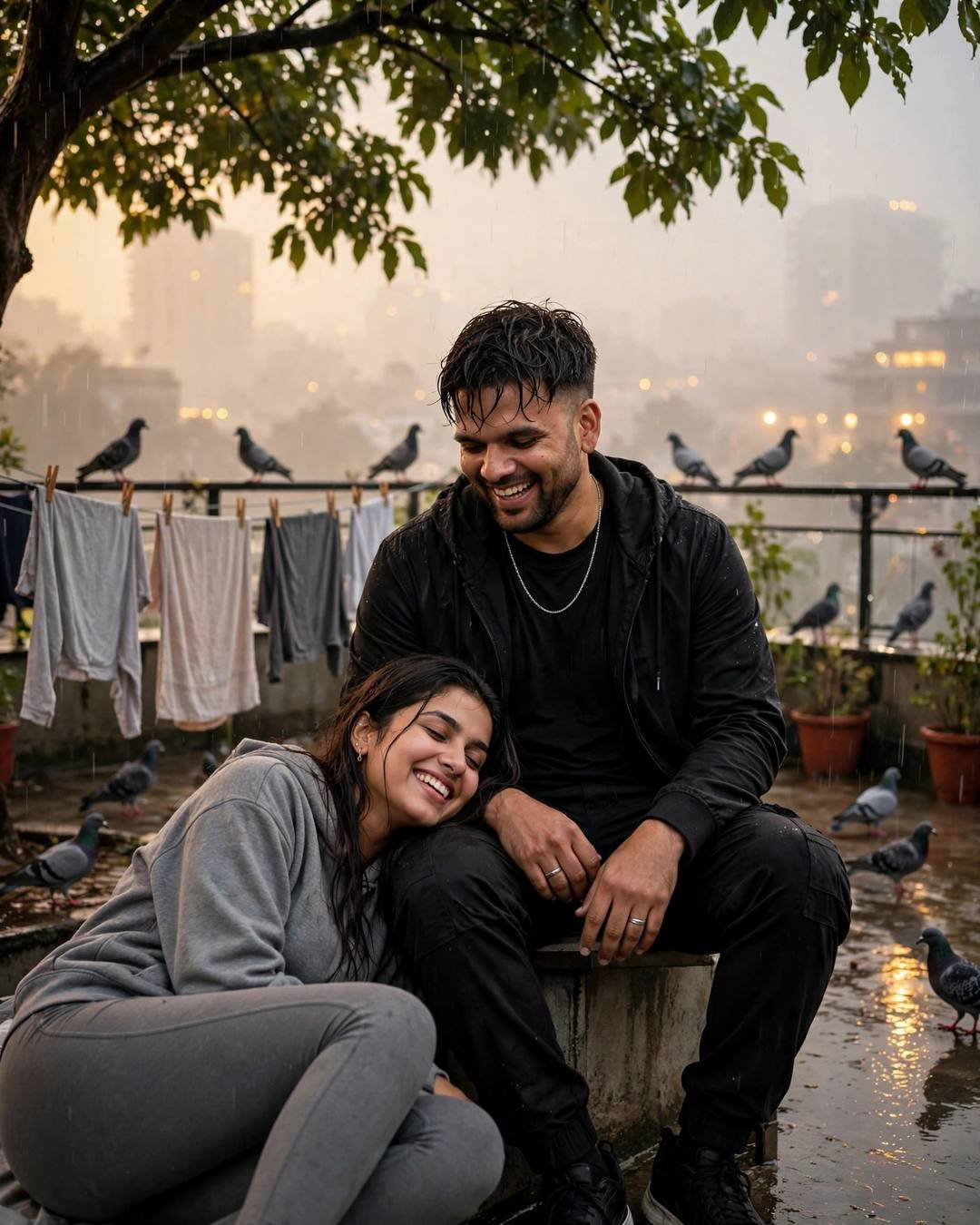 Young Indian couple sharing strawberries on a foggy rainy terrace with pigeons