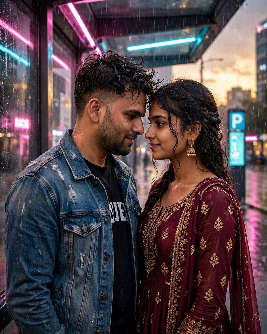 Young Indian couple under one umbrella at a rainy neon-lit bus stop