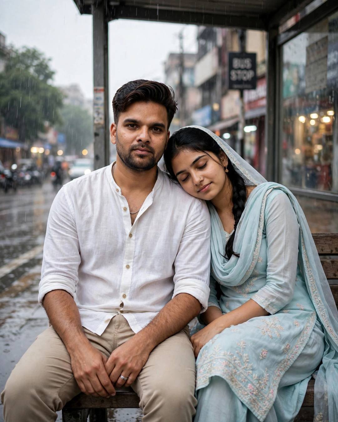 Young Indian couple on a rainy bus-stop bench, her head on his shoulder