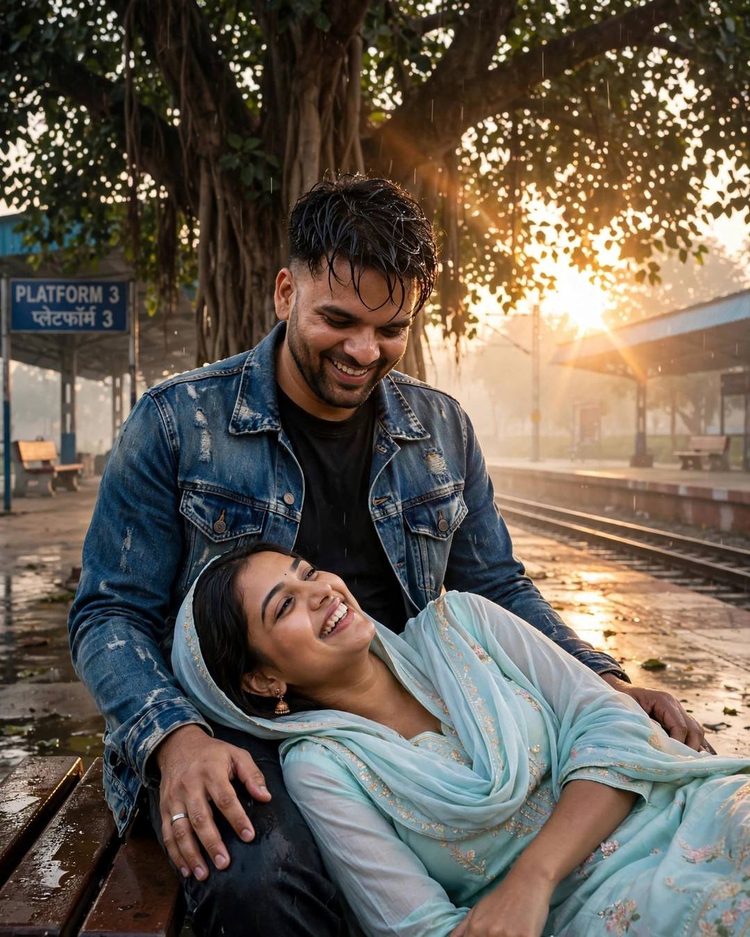 Young Indian couple laughing on a railway platform at dawn, her head in his lap