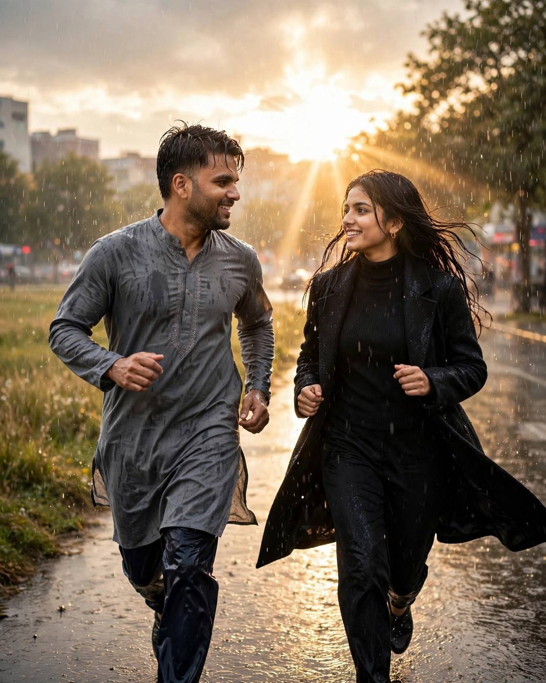 Couple running toward each other laughing in golden drizzle on a rain-soaked road, grey kurta and black coat