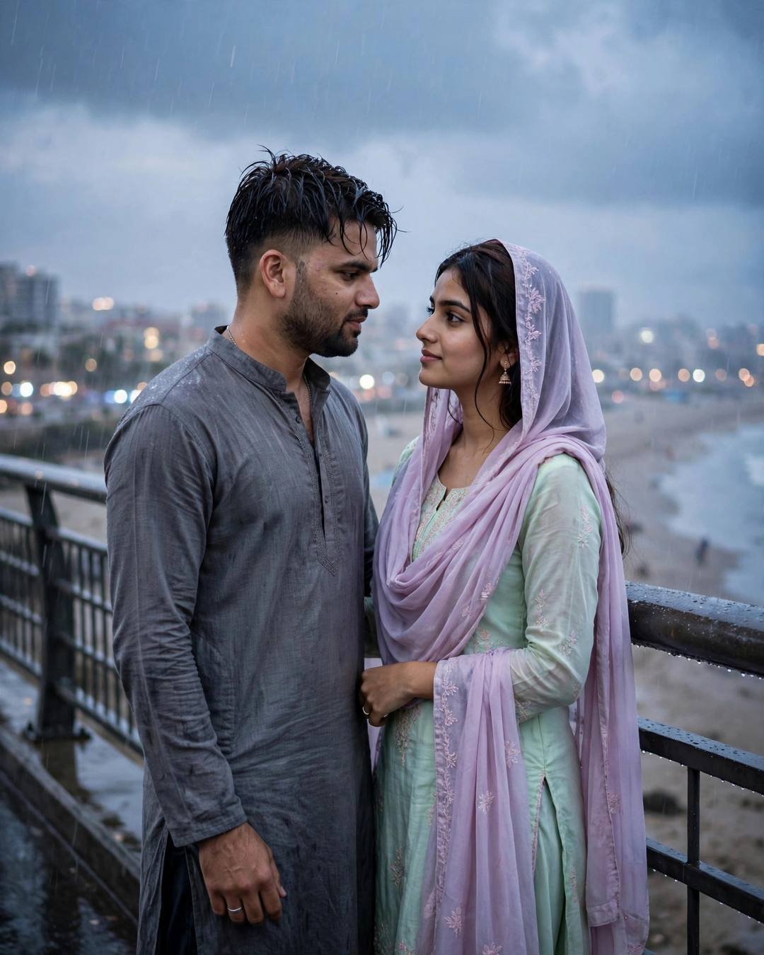 Couple gazing at each other on a rain-drizzled promenade above the beach at blue hour, grey kurta and pastel salwar-kameez
