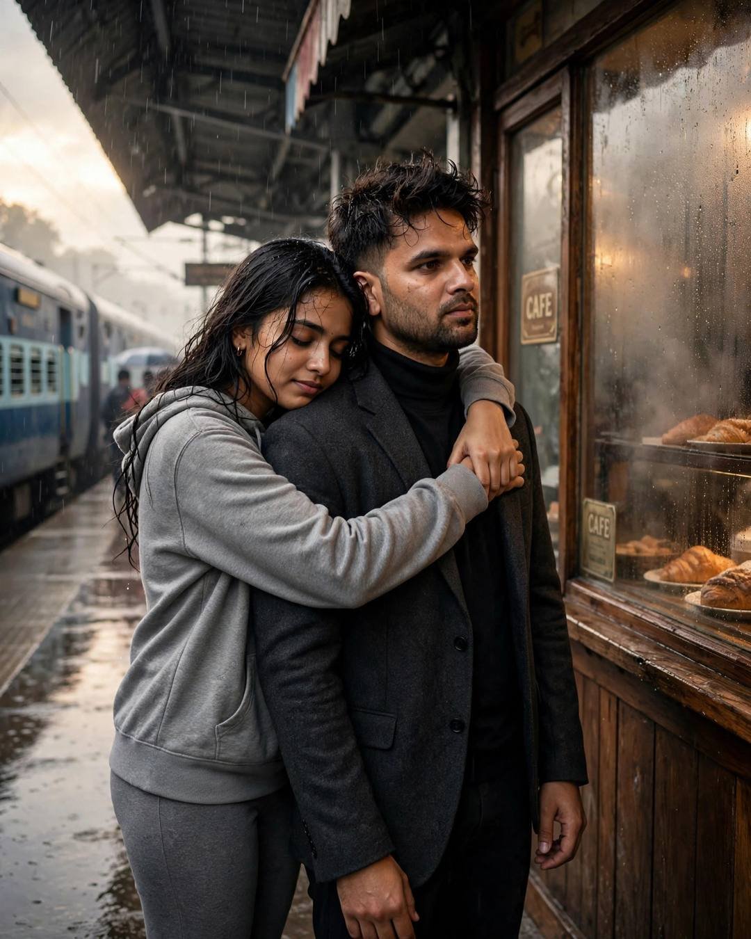 Couple sharing one last hug on a rainy railway platform beside a fogged old cafe window