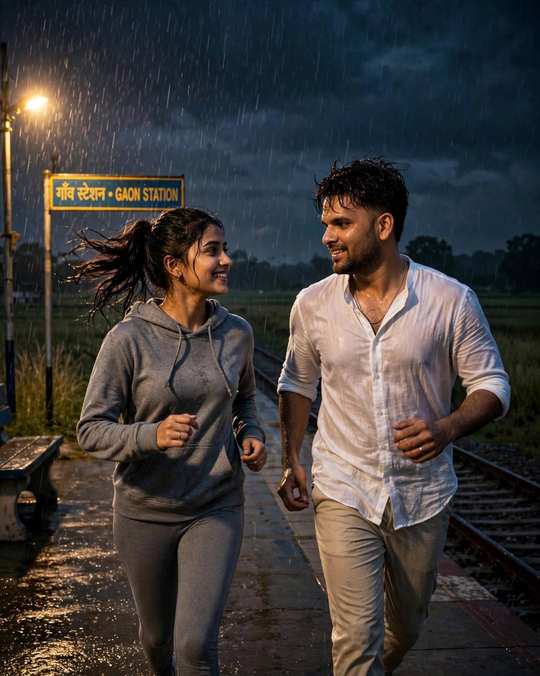 Couple running toward each other laughing on a rainy railway platform at midnight under a streetlamp