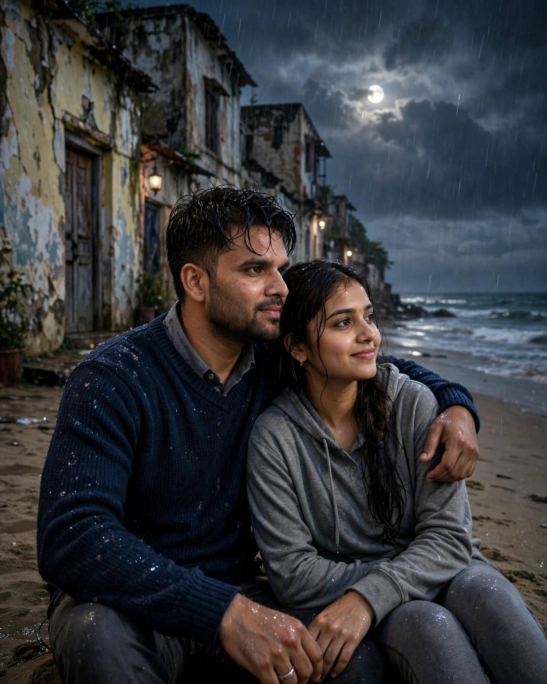 Couple sitting close on moonlit sand at night, his arm around her, storm clouds breaking over the sea