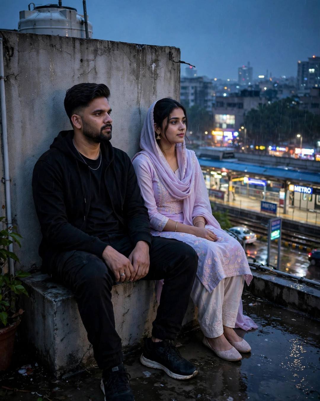 Couple sitting side by side on a rain-wet rooftop above a glowing metro station