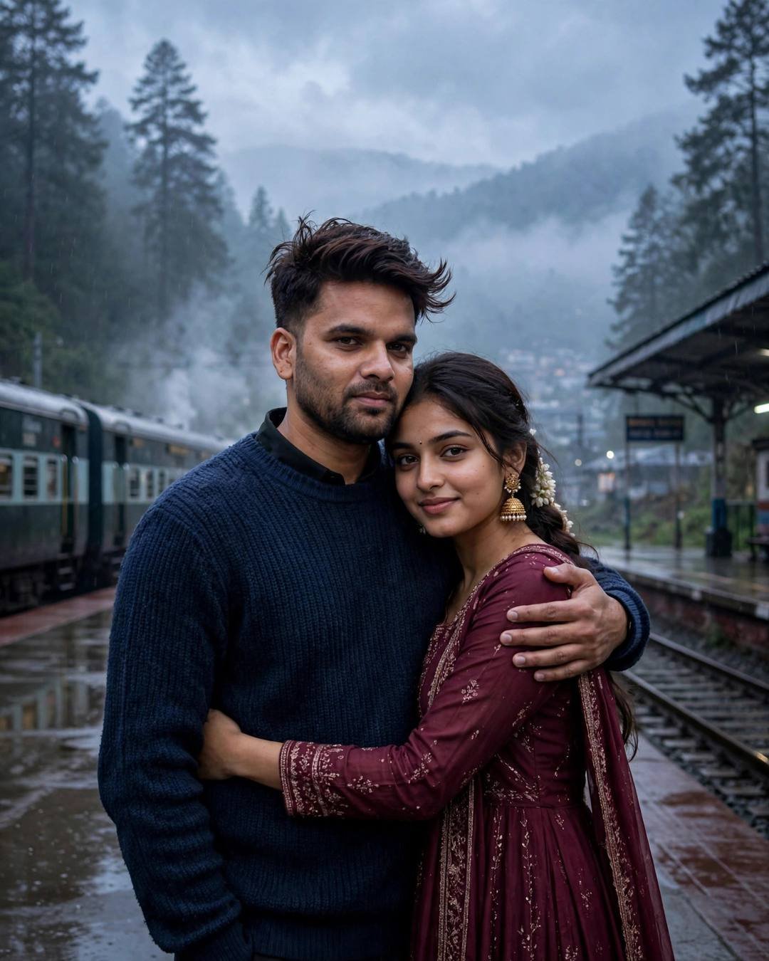 Couple embracing on a misty hill railway platform with a train waiting