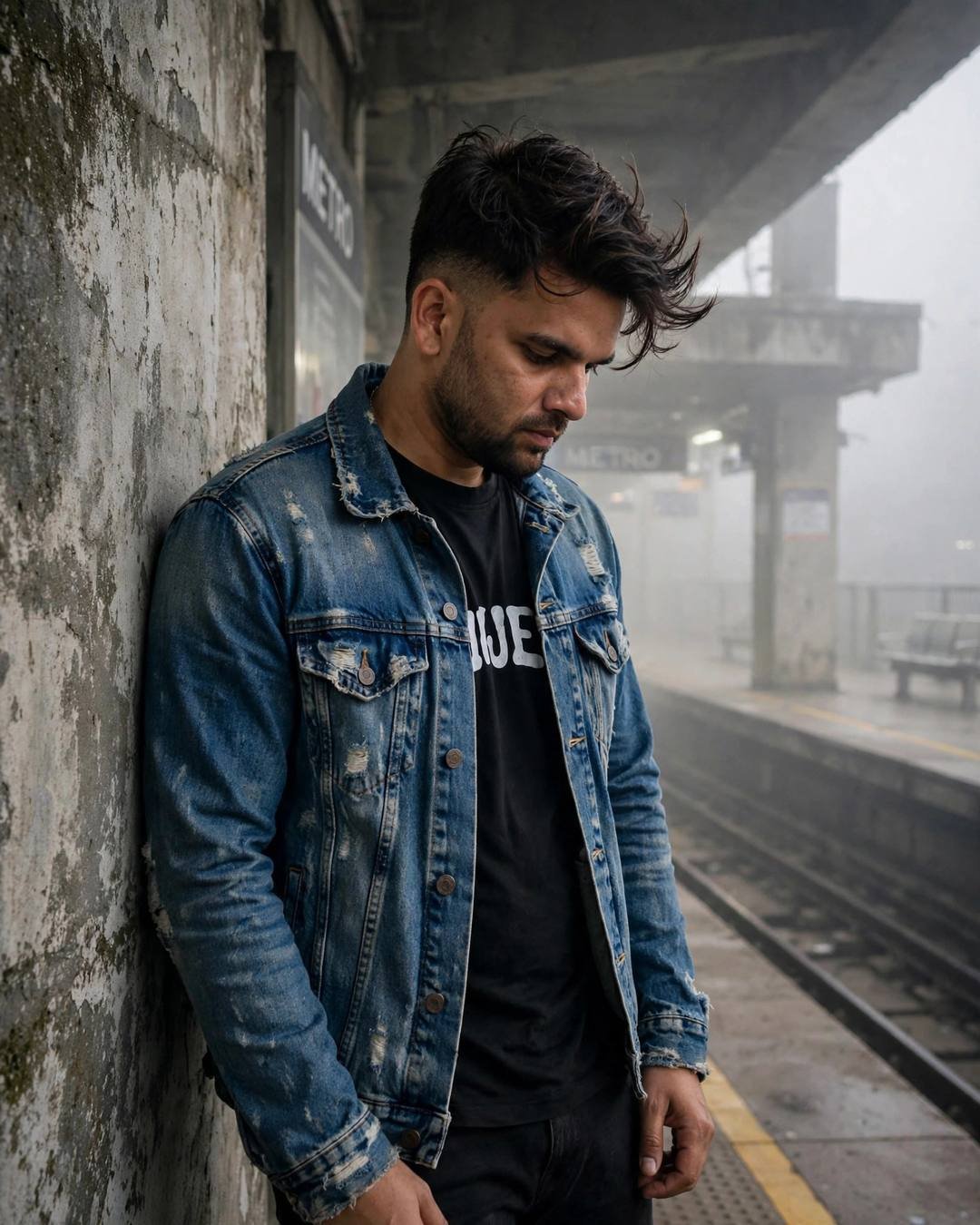 Young Indian man in a distressed denim jacket leaning against a weathered concrete wall at a foggy metro station, head tilted down