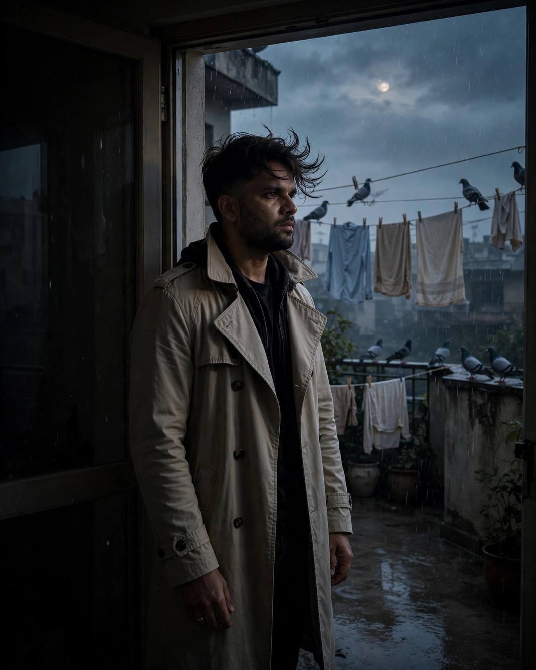 Young Indian man in a beige trench coat standing in a rain-wet terrace doorway with pigeons on clothes lines, half in shadow under moonlight