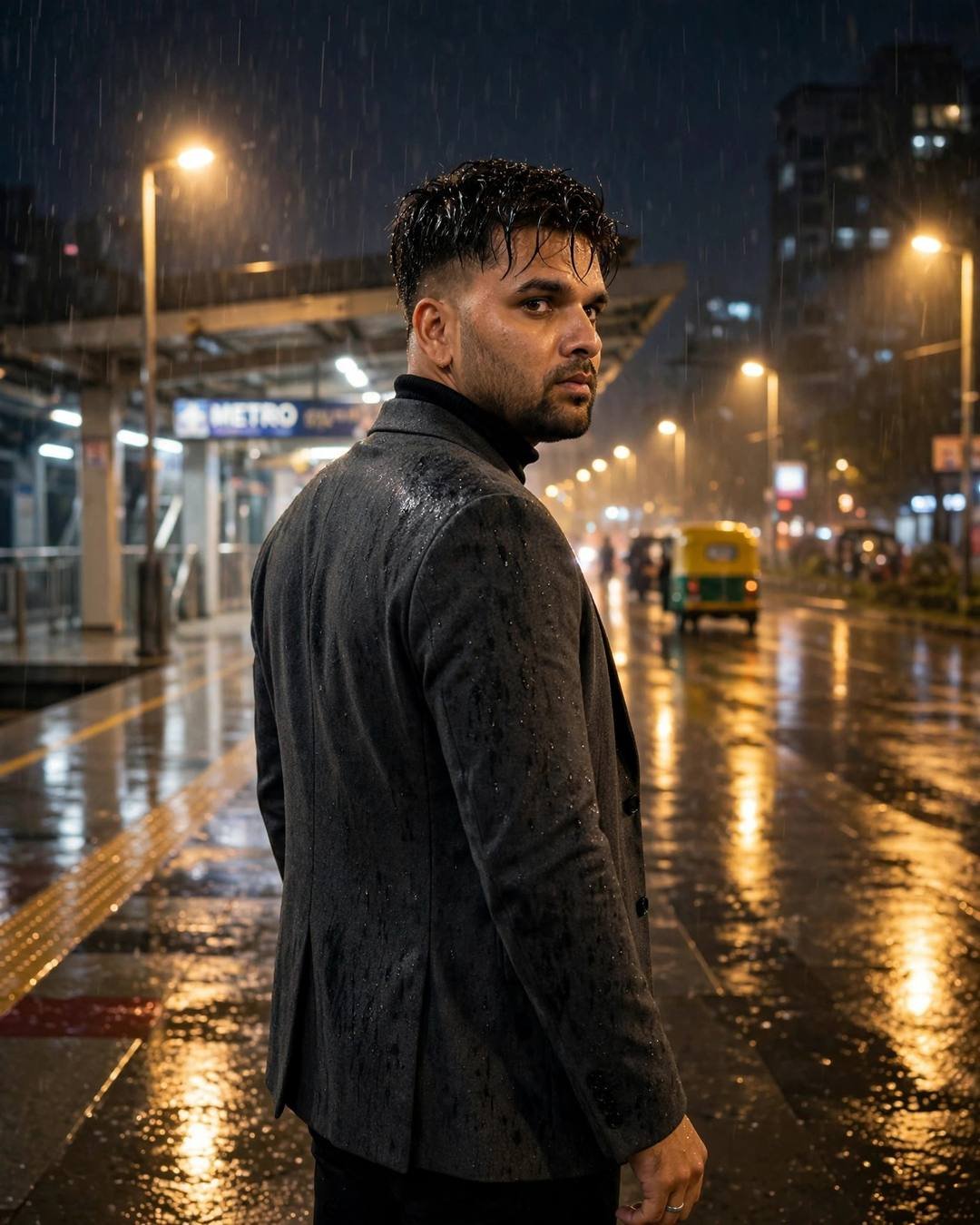 Young Indian man in a charcoal blazer looking back over his shoulder at a rain-soaked metro station lit by warm sodium streetlamps