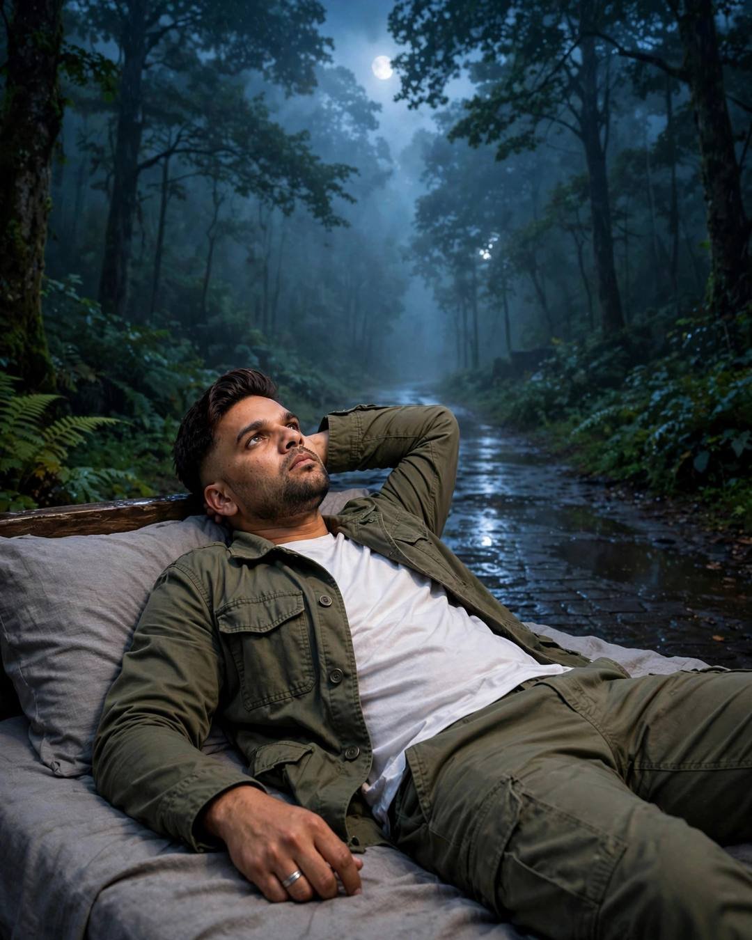 Young Indian man in an olive field jacket lying on a bed with one arm behind his head, moonlit forest path beyond