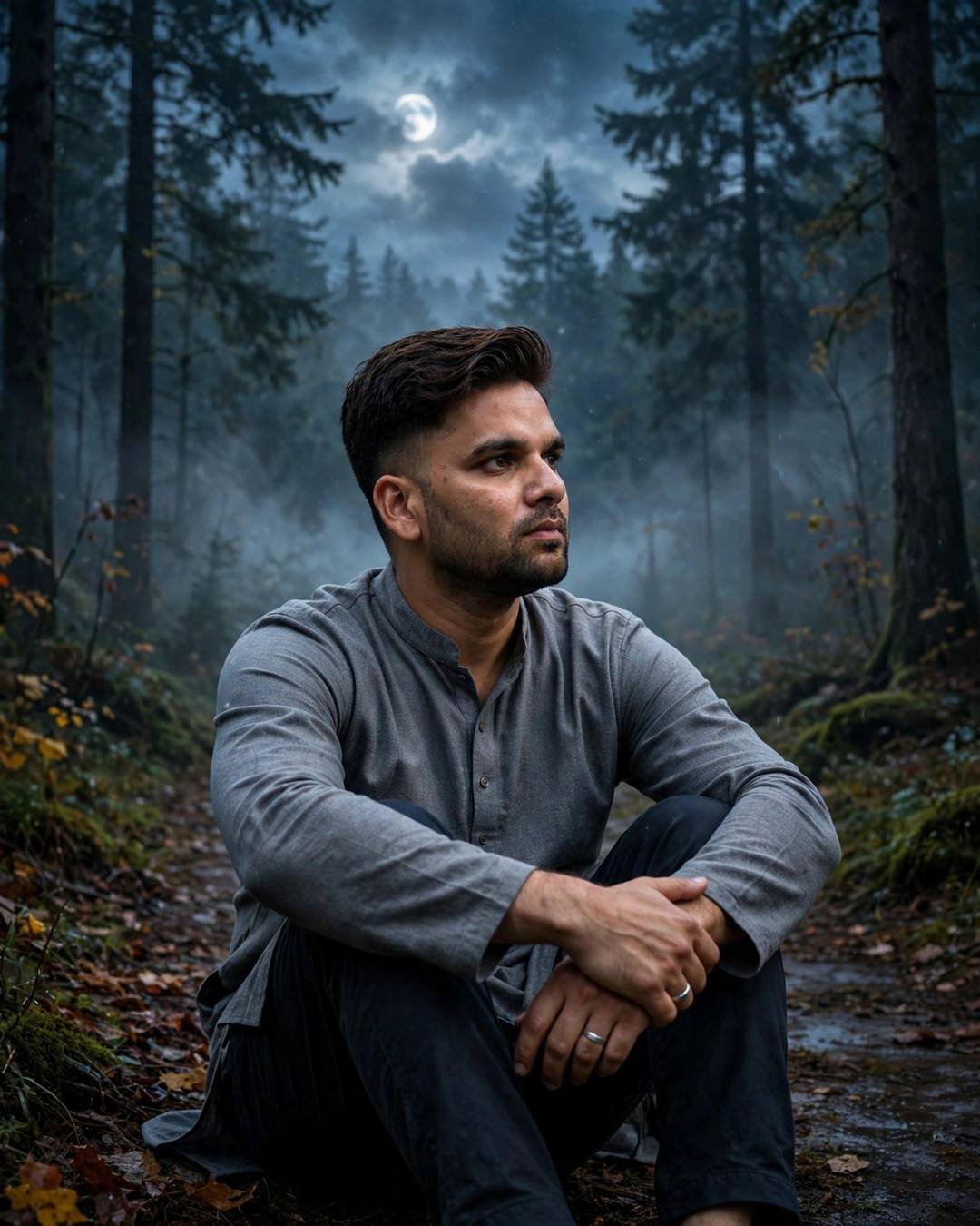 Young Indian man in a grey kurta sitting with knees drawn up on a misty moonlit forest path after rain