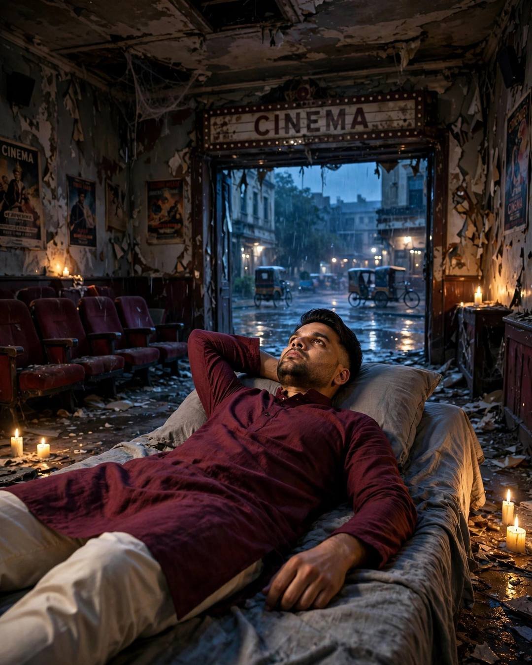 Young Indian man in maroon kurta reclining in an abandoned cinema hall with candles