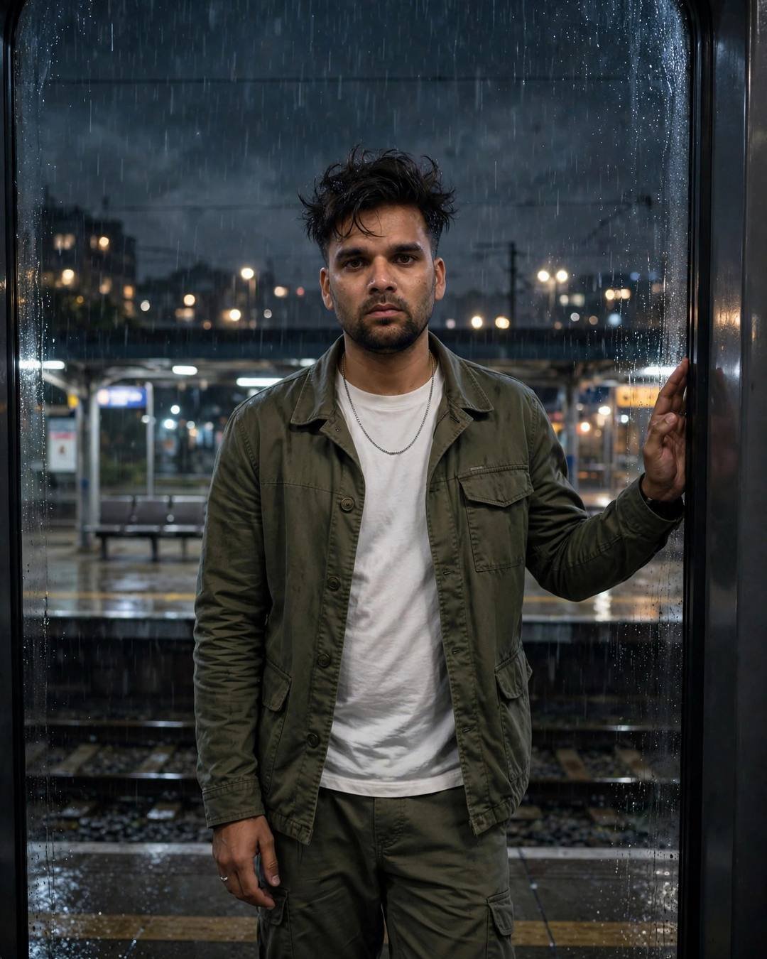 Young Indian man in olive field jacket at a rain-streaked window on an empty railway platform