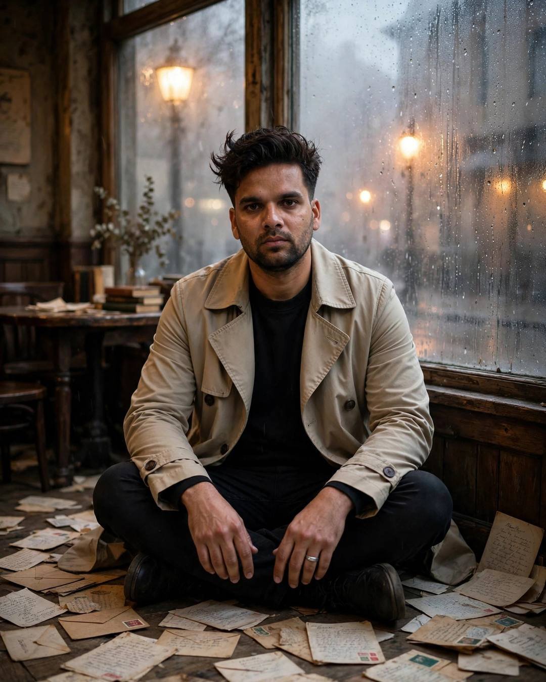 Young Indian man in beige trench coat sitting among old letters on a cafe floor