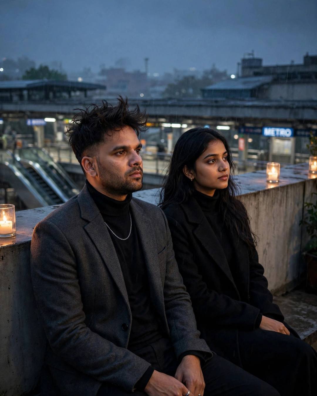 Young Indian couple sitting on a rain-soaked rooftop ledge with candles