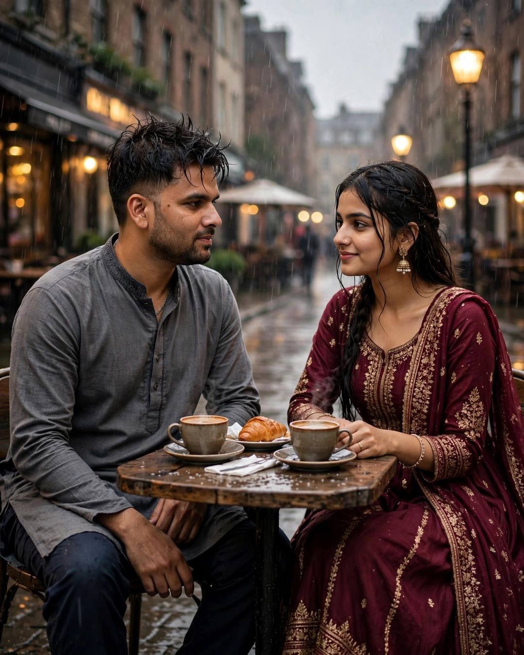 Young Indian couple at a small cafe table on a rain-soaked street