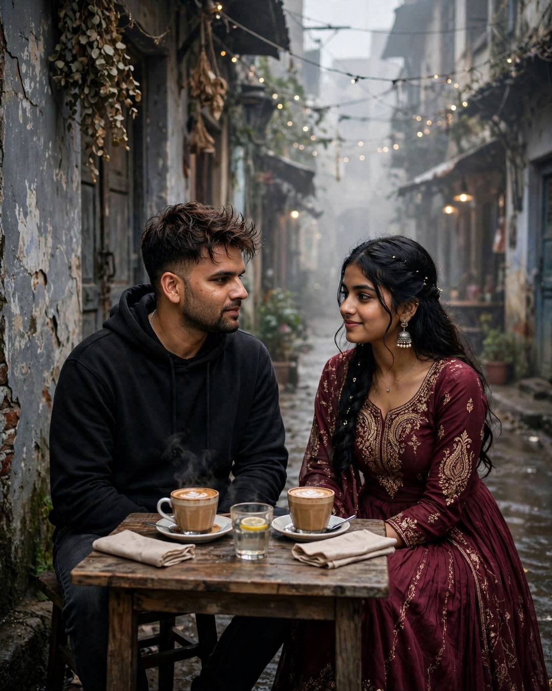 Young Indian couple sharing coffee in a foggy old-city lane