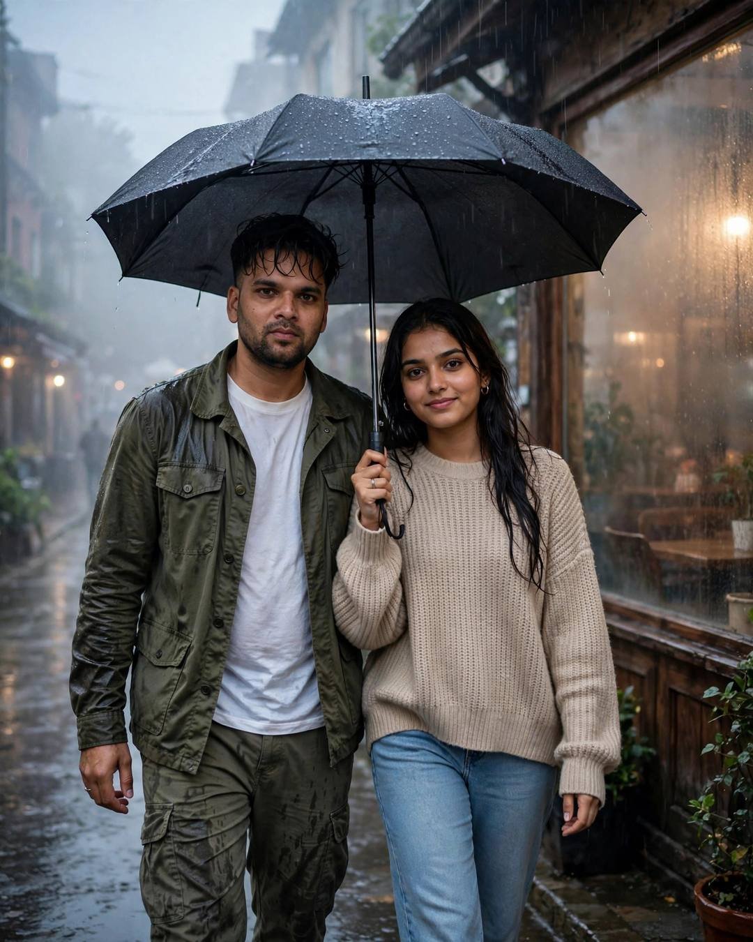 Young Indian couple walking under one umbrella in the rain