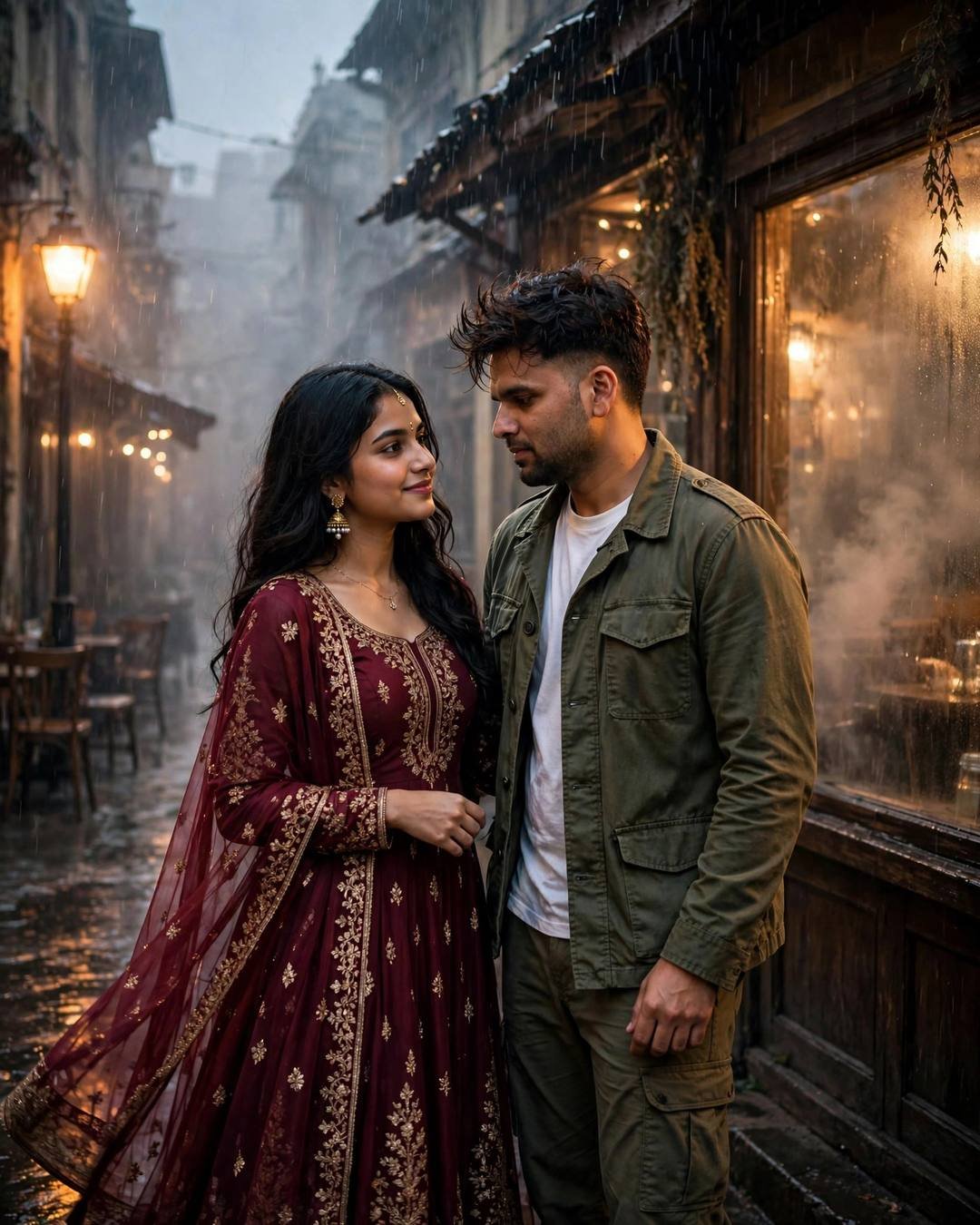 Young Indian couple dancing slowly in a rainy street under streetlights