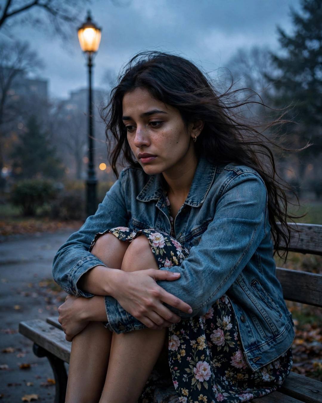 Young Indian woman in denim jacket sitting on a park bench at blue hour