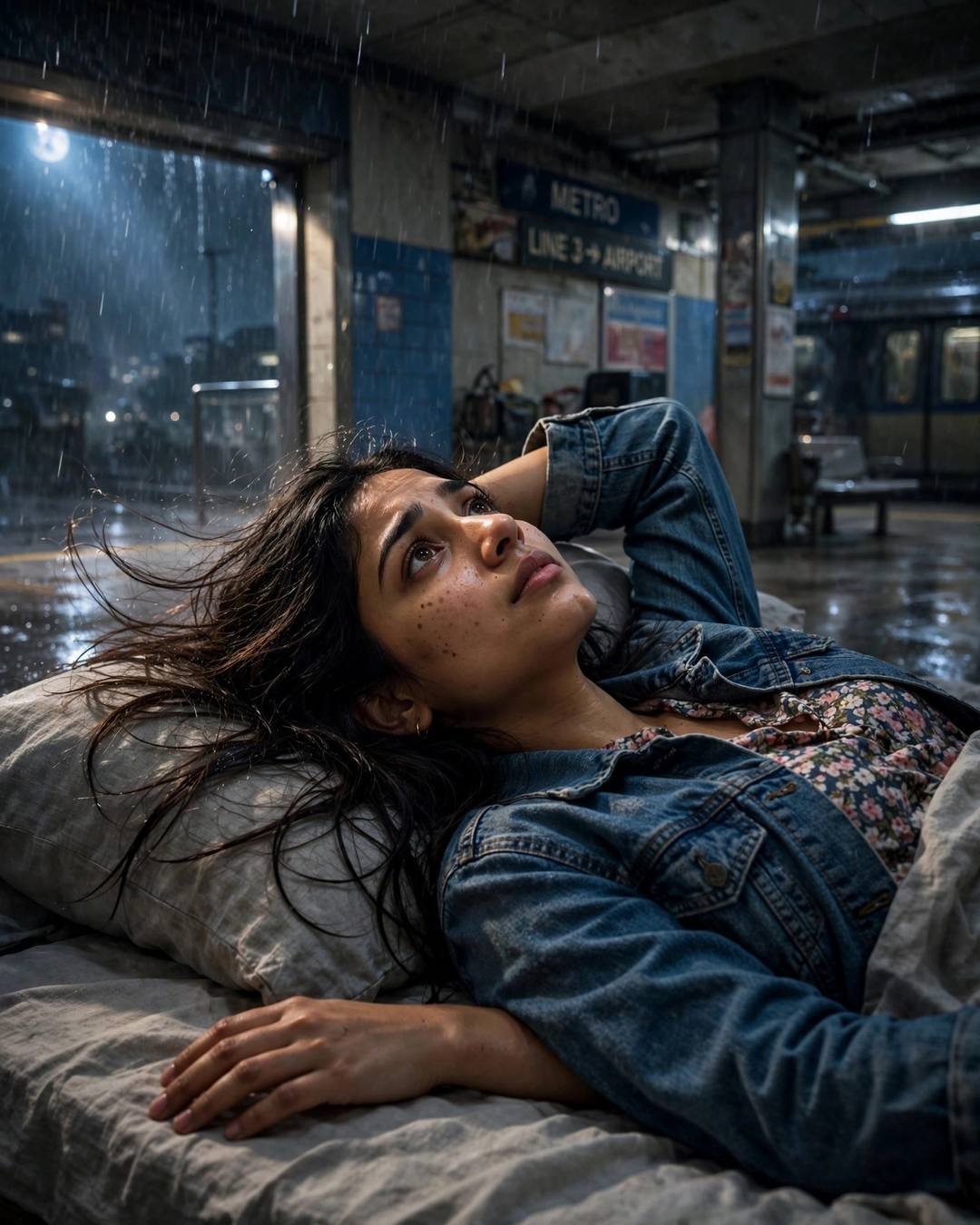 Young Indian woman reclining at a midnight metro station in dramatic side light