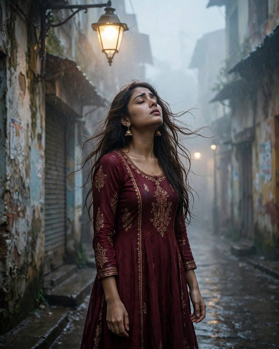 Young Indian woman in maroon anarkali under a streetlamp in the rain