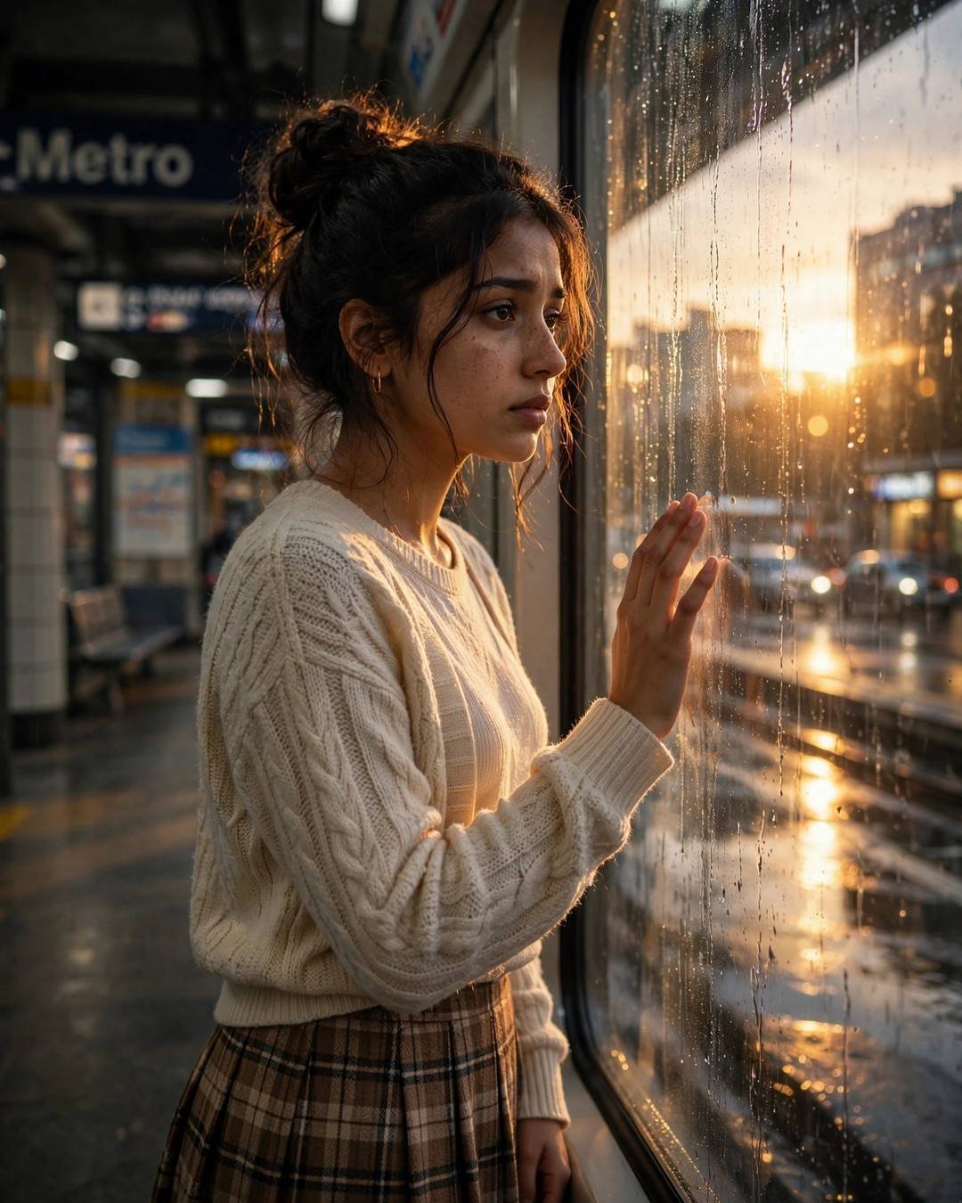 Young Indian woman at a rain-streaked metro window in golden backlight