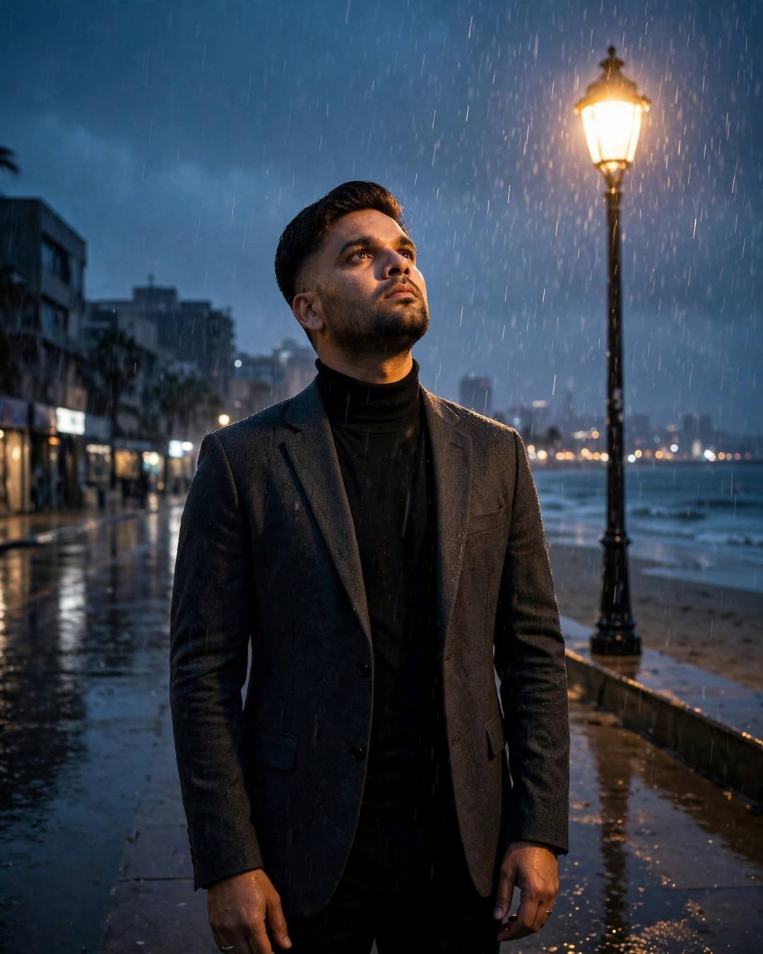 Man in charcoal blazer standing under a streetlamp in rain on a beach promenade at night