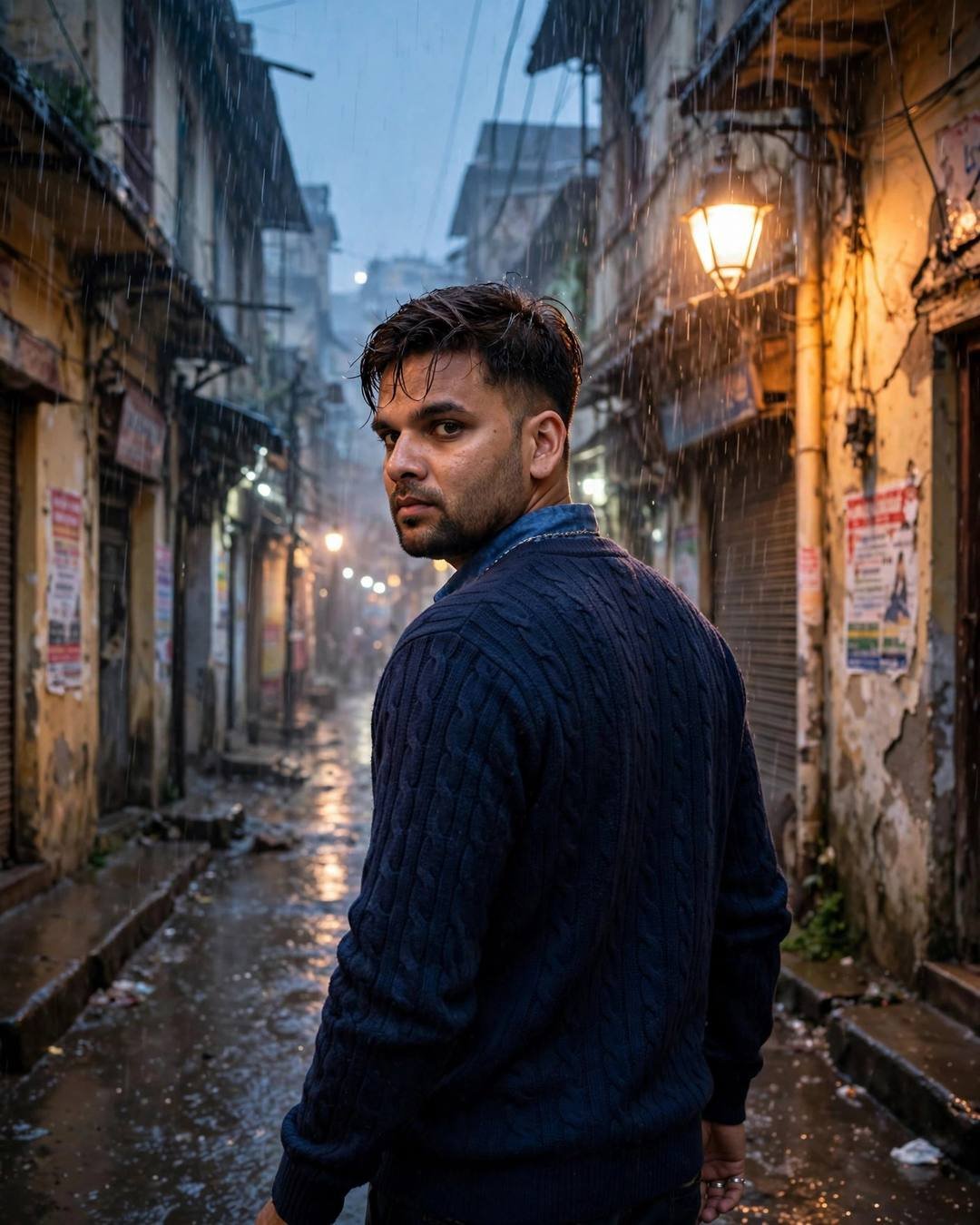 Man in navy sweater looking back over his shoulder down a rain-soaked old-city lane