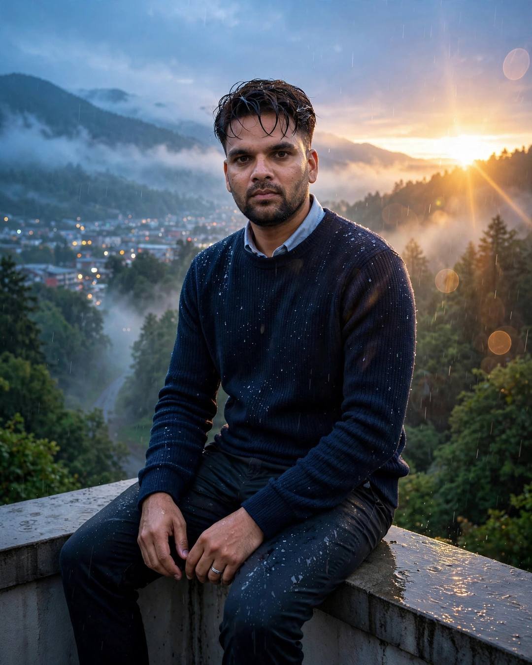 Man in navy sweater sitting on a wet ledge above a misty valley town at golden hour