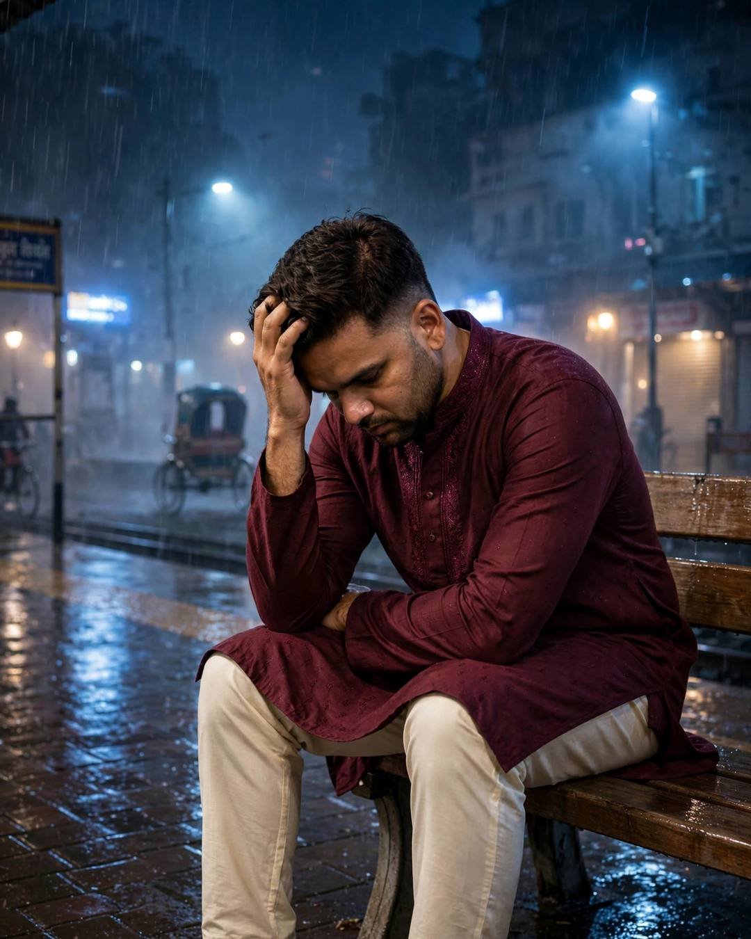 Man in maroon kurta sitting bowed on a bench in a fogged midnight street with a rickshaw behind