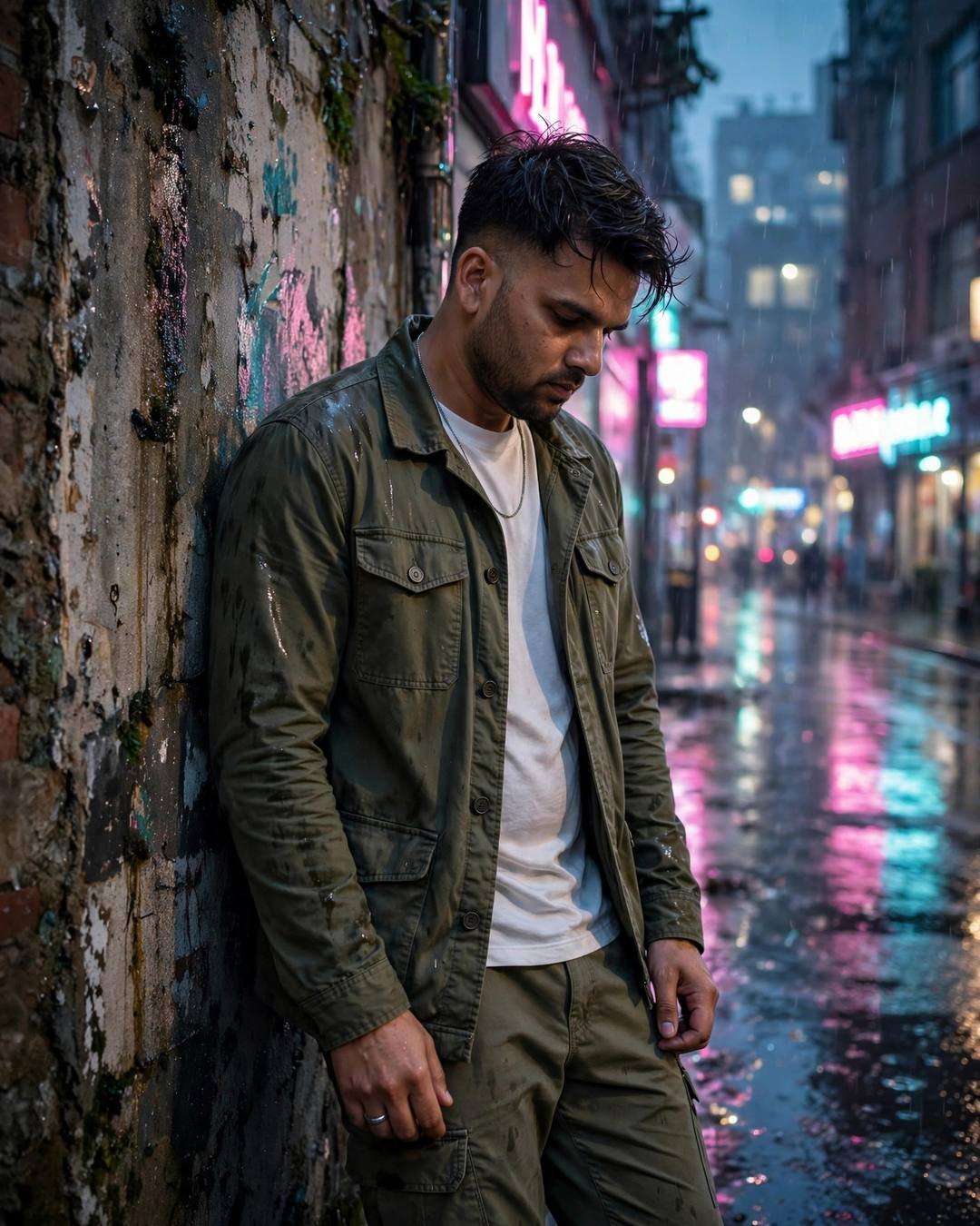 Man in olive field jacket leaning against a weathered wall in a neon-lit rain-wet street