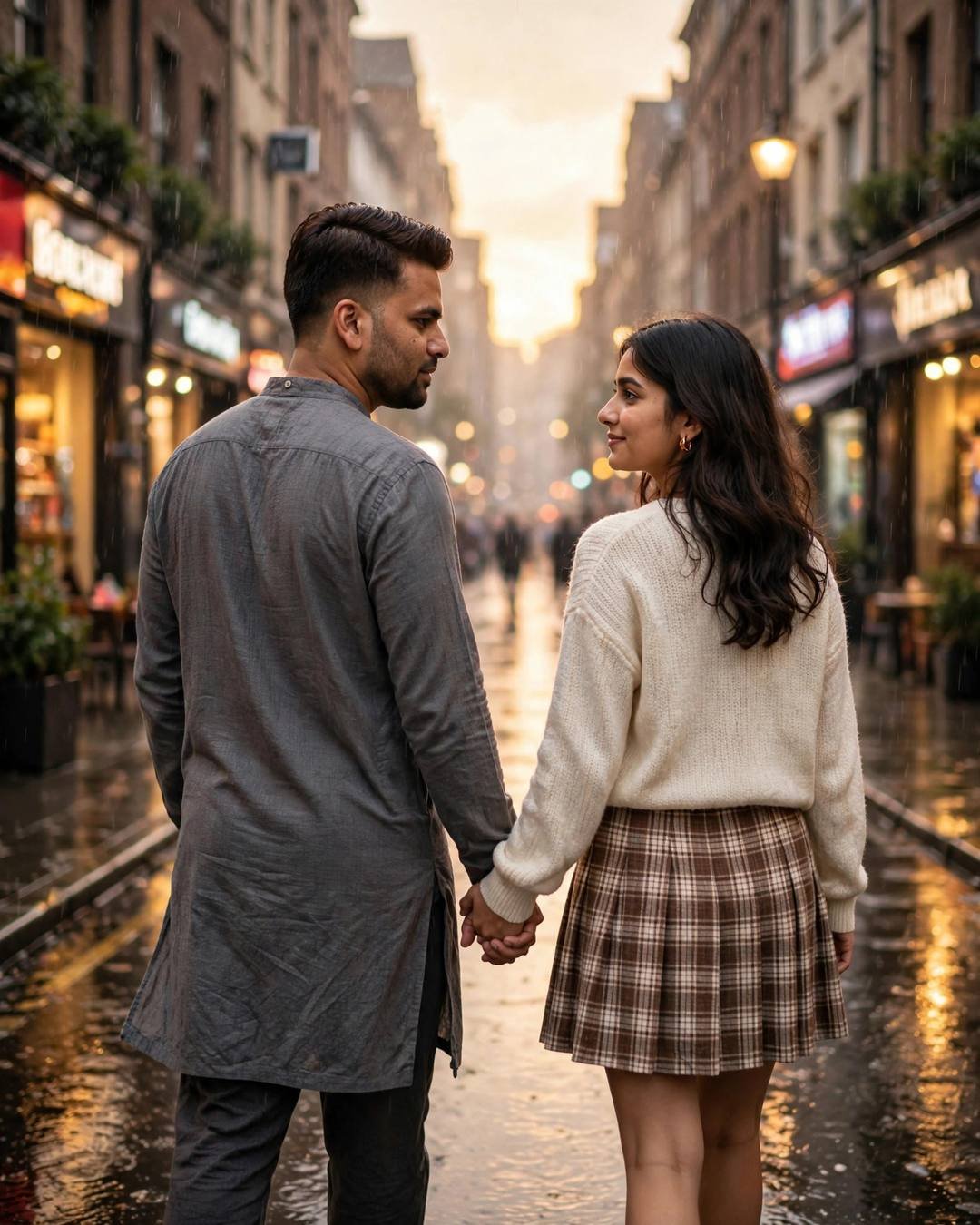 Couple walking hand in hand away into a golden rain-washed city street at sunset, grey kurta and cream knit top