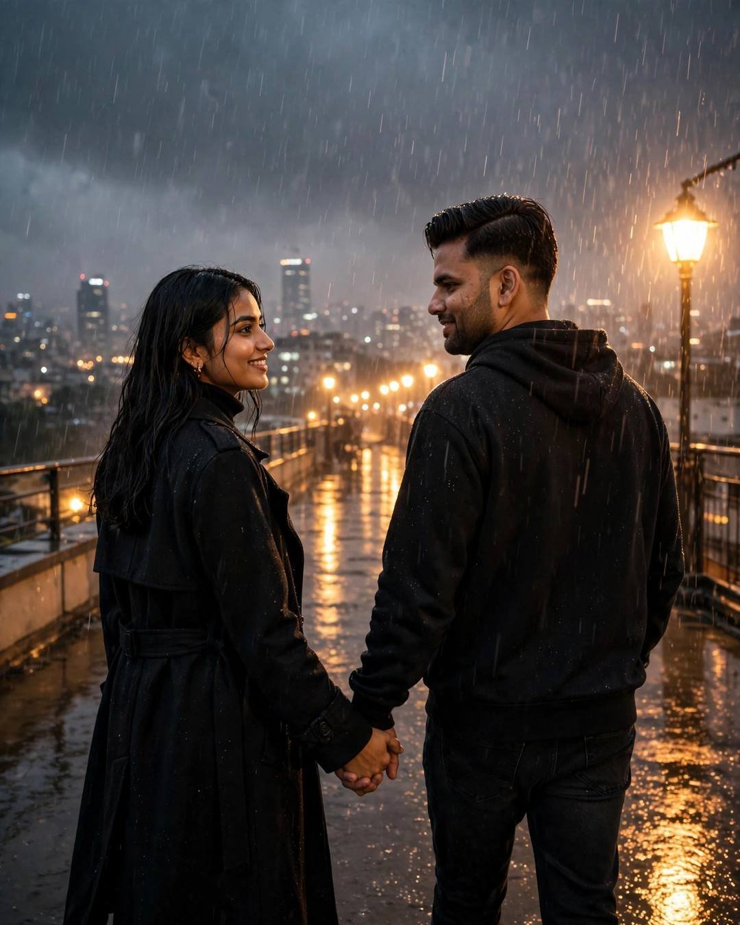 Couple holding hands walking across a rain-lashed rooftop at golden hour, sodium lamps glowing, black hoodie and black coat