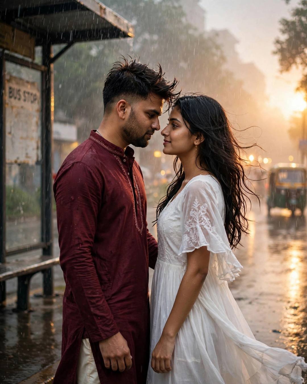 Couple standing face to face with foreheads almost touching at a rainy bus stop in dense fog, maroon kurta and white dress