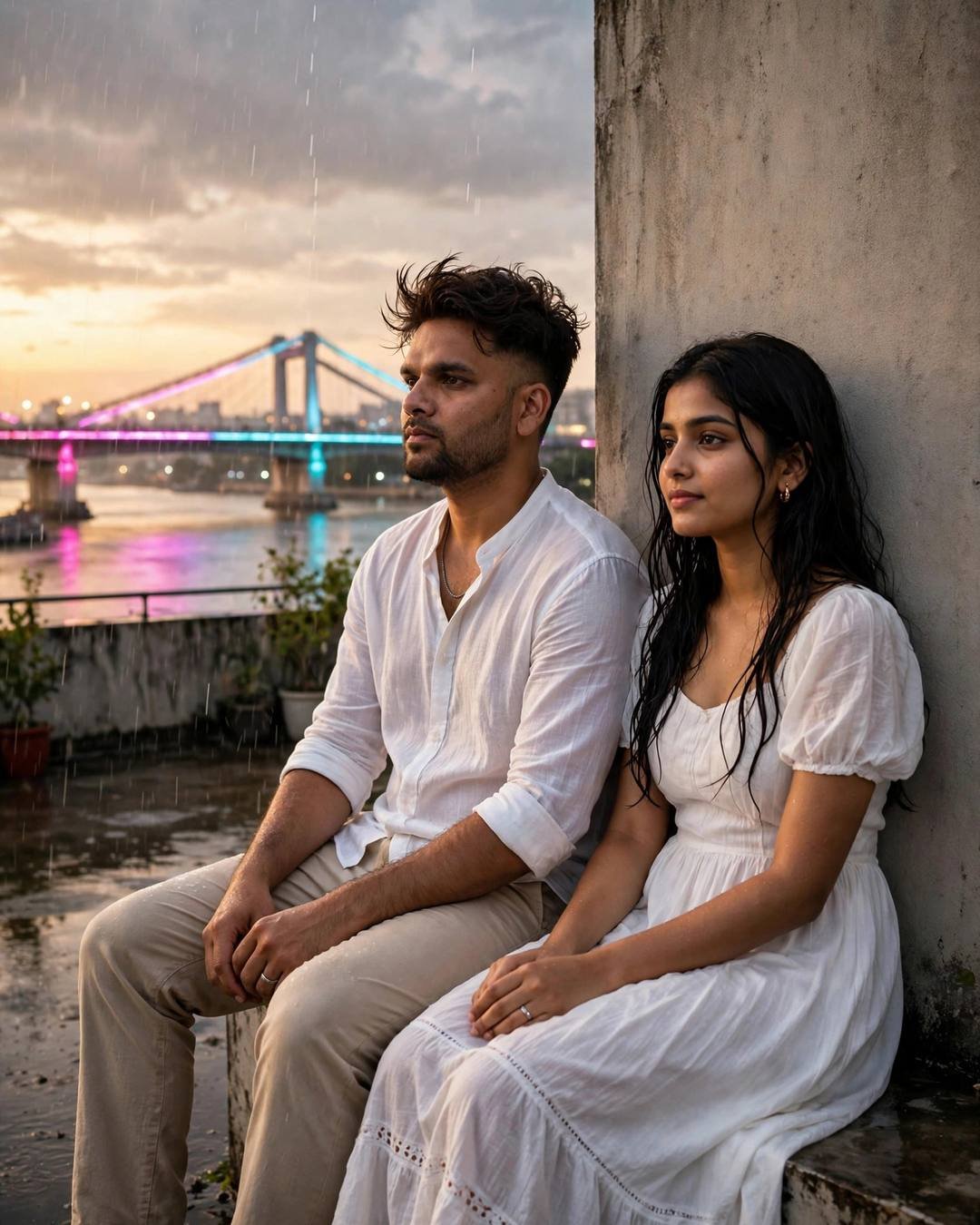 Couple sitting side by side on a drizzly rooftop at golden hour, white linen shirt and white dress, neon bridge glowing behind