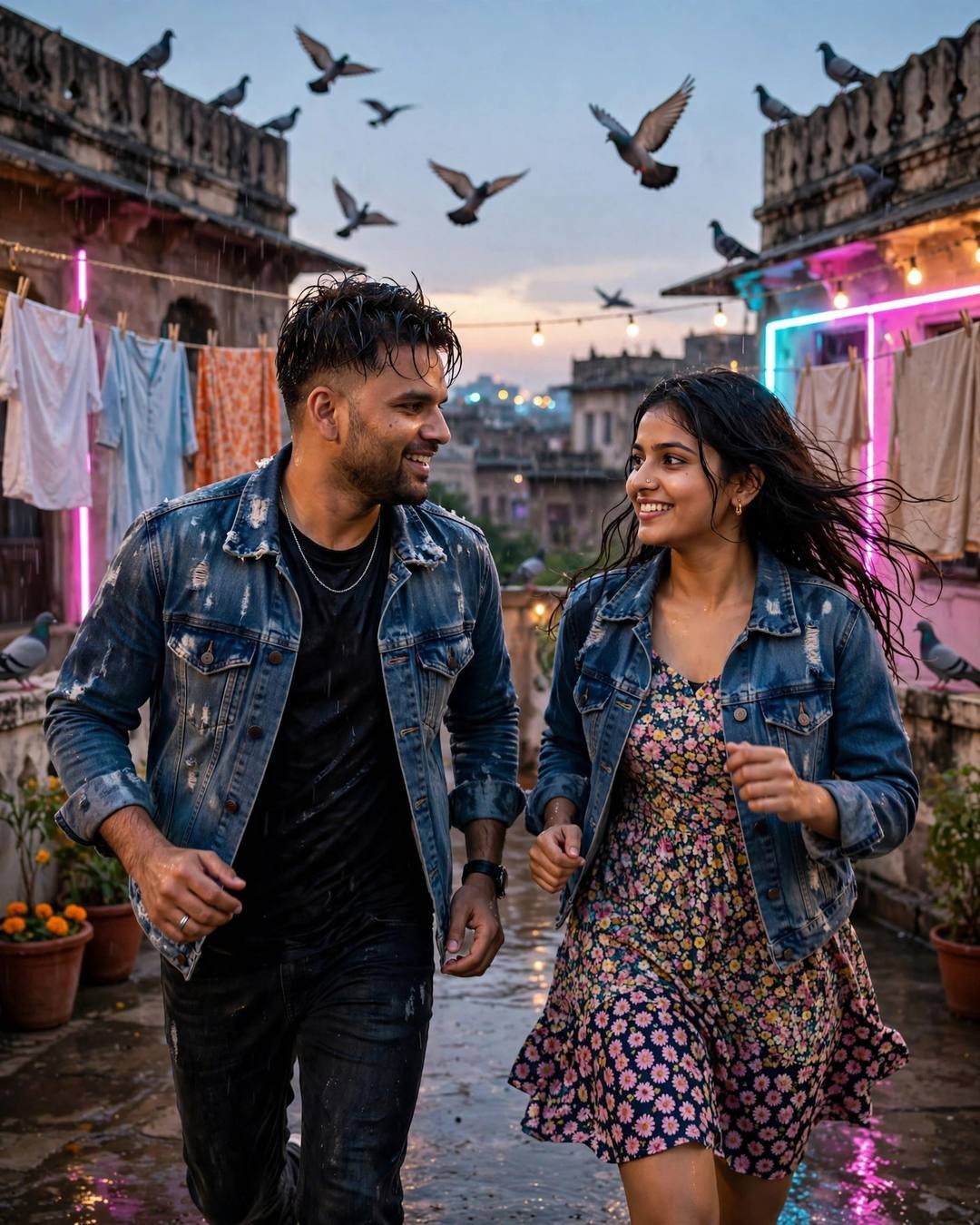 Couple running toward each other laughing on a rain-wet terrace with pigeons and neon lights