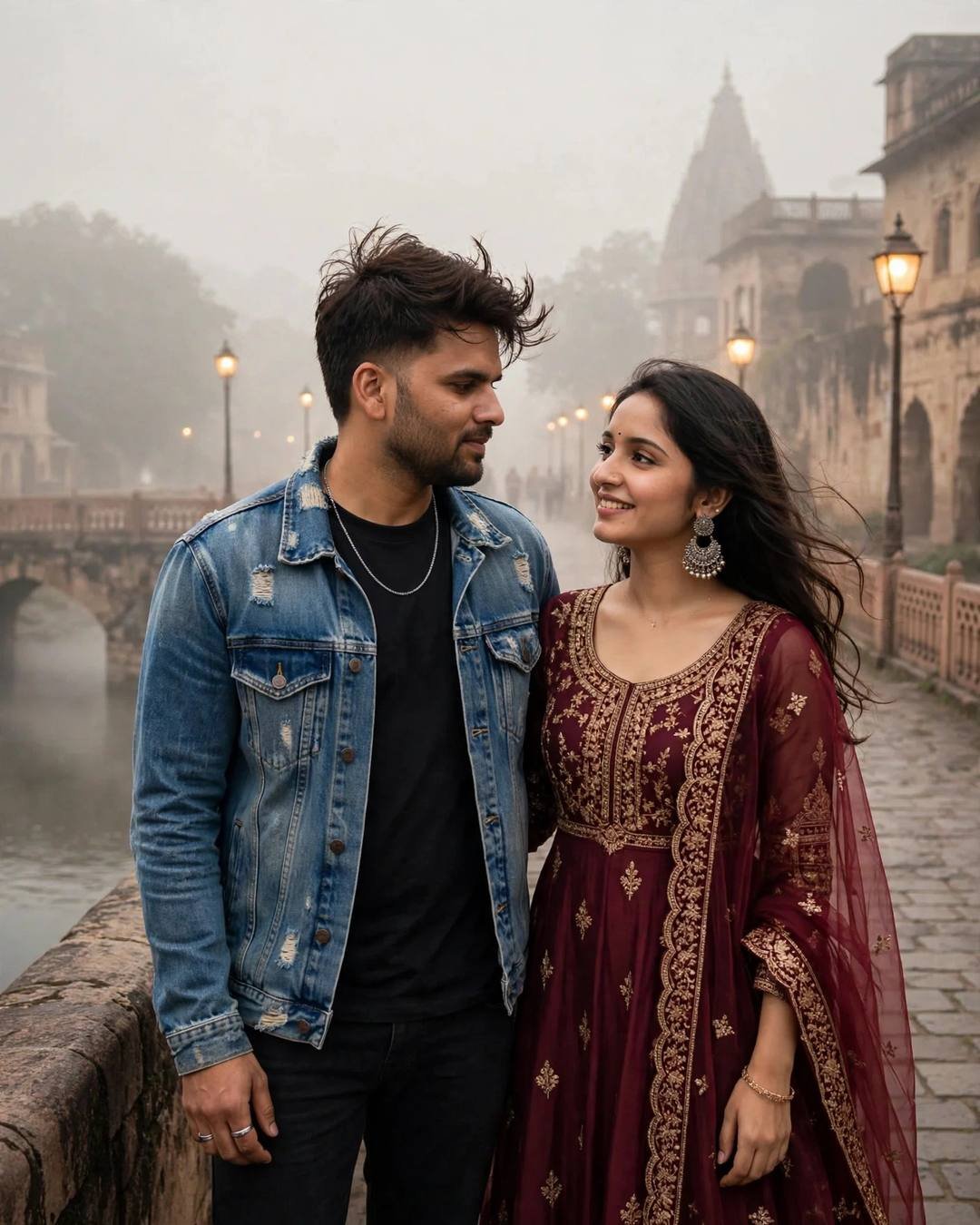 Couple standing close on a foggy heritage bridge, temple spires ghosting through mist