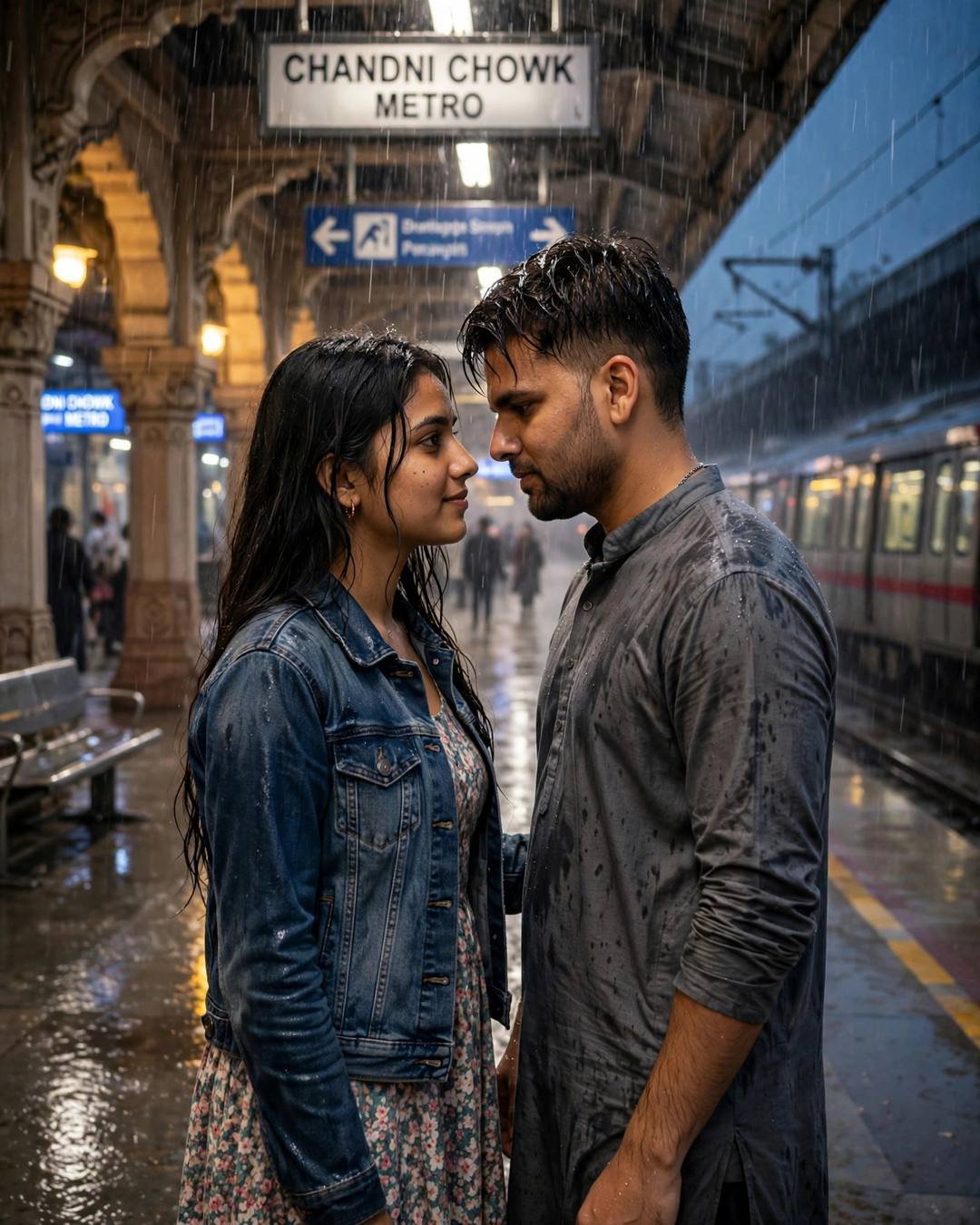 Couple face to face with foreheads almost touching on a rainy metro platform