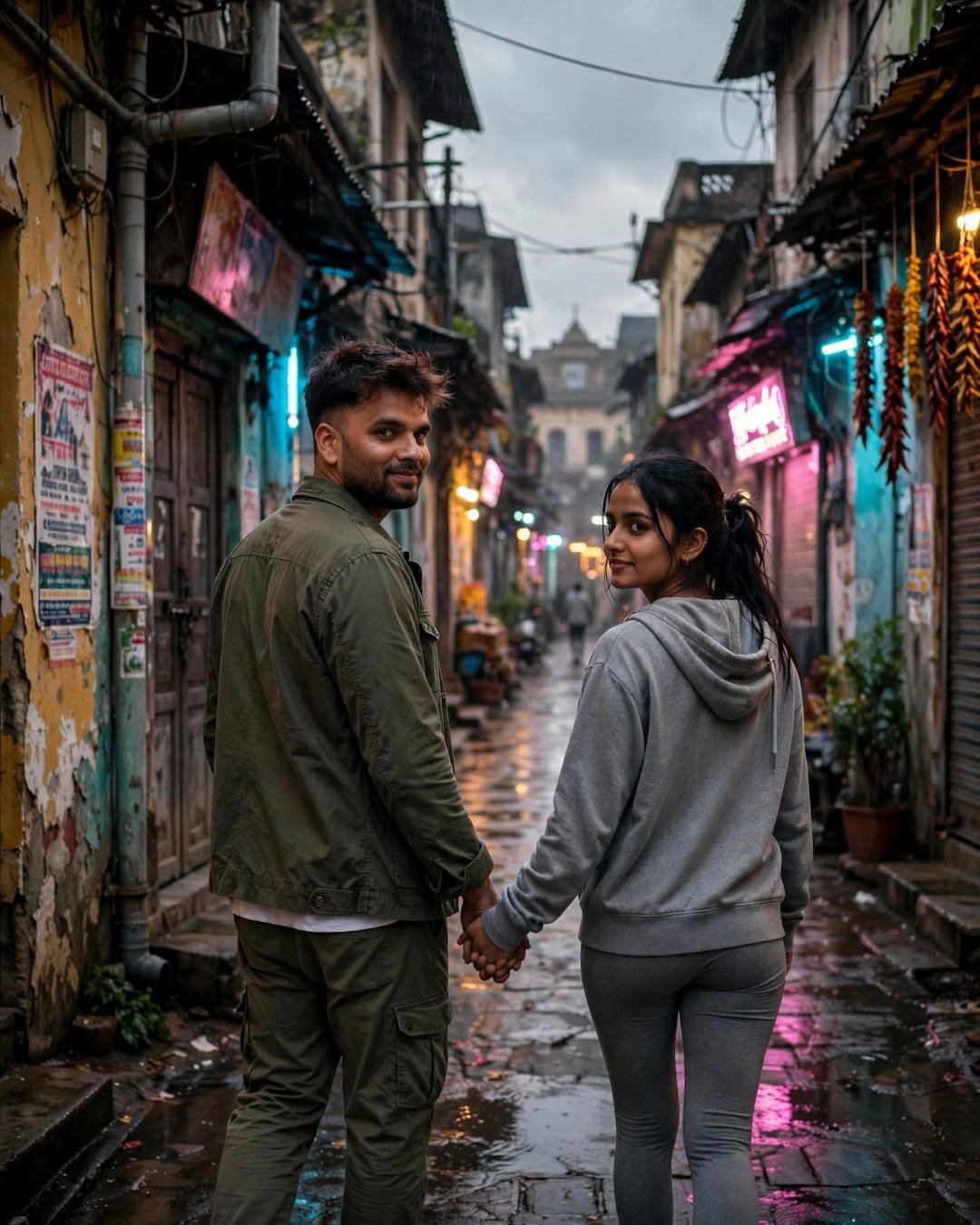 Couple walking hand in hand down a neon-lit old-city lane in rain, looking back