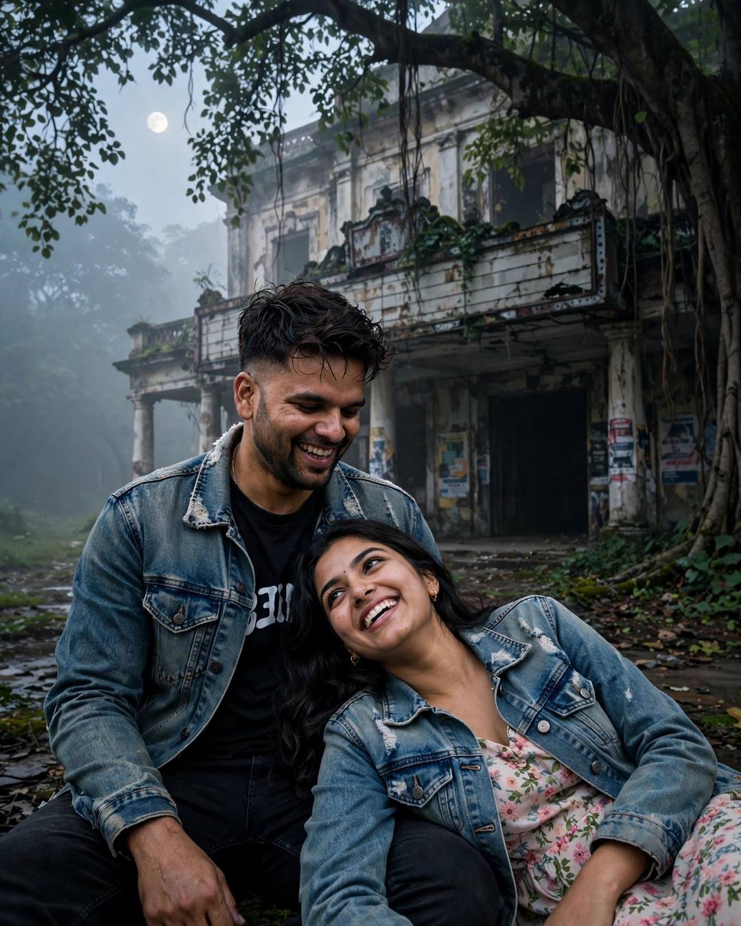 Couple laughing under a banyan tree at moonrise, her head in his lap, abandoned cinema hall behind