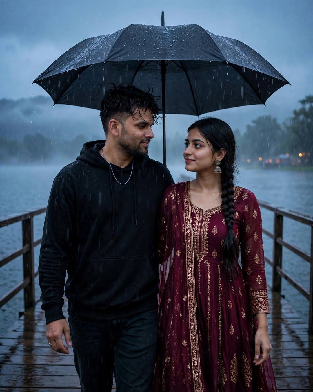 A young Indian couple walks under one black umbrella on a rainy lake pier — he in a black hoodie, she in a maroon anarkali — gazing at each other in the blue-hour rain.