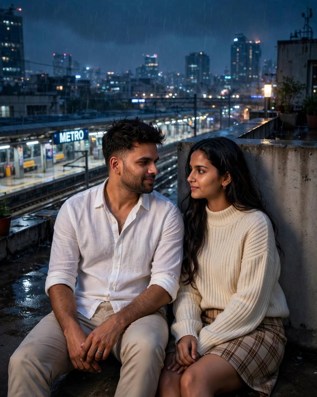 A young couple sits on a rooftop above a metro station at night, sharing one pair of earbuds, exchanging tender glances as city lights glow through the rain.