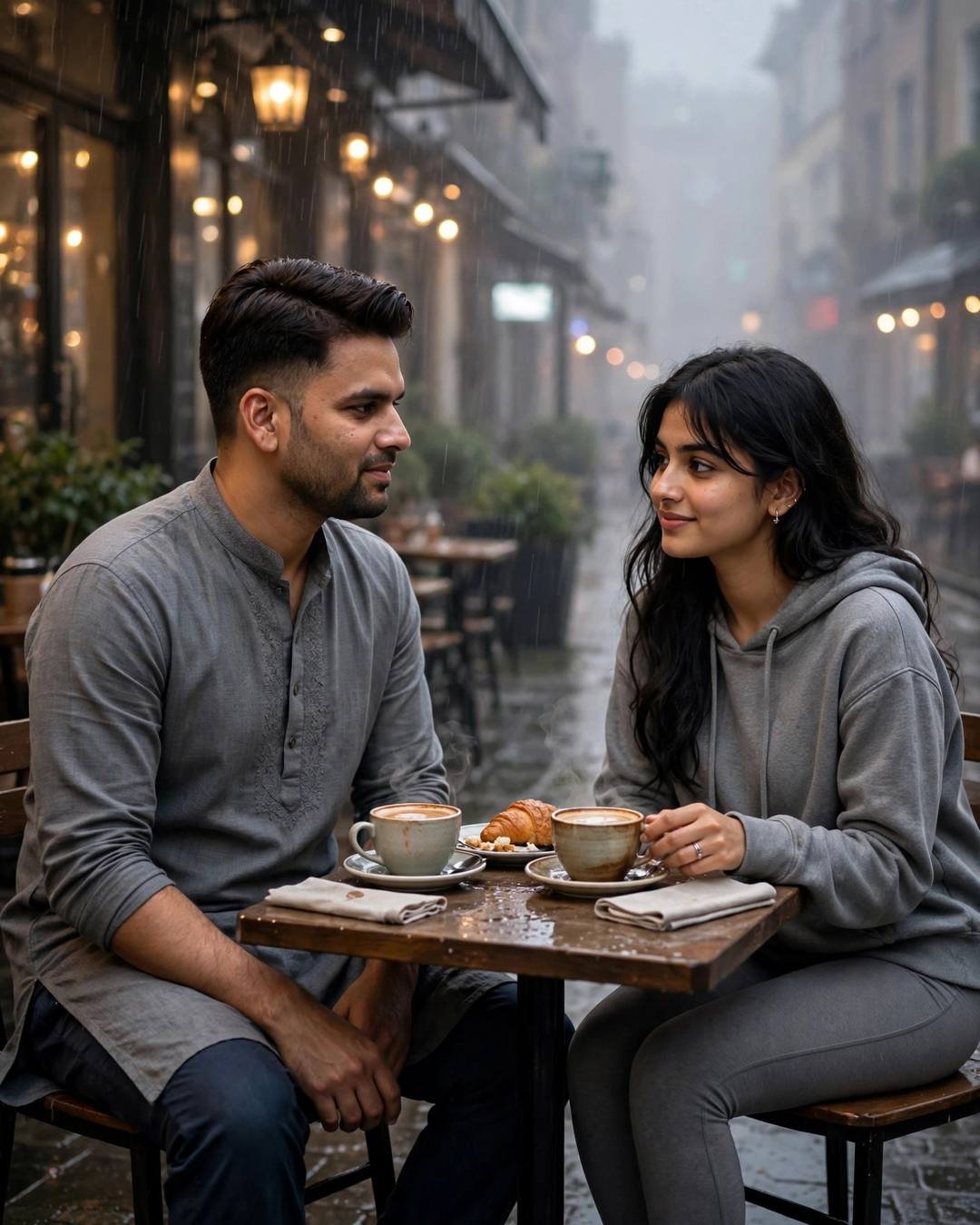 A young Indian couple shares coffee and dessert at a small cafe table on a foggy street — he in a grey kurta, she in a grey hoodie — exchanging wistful glances over the steam.