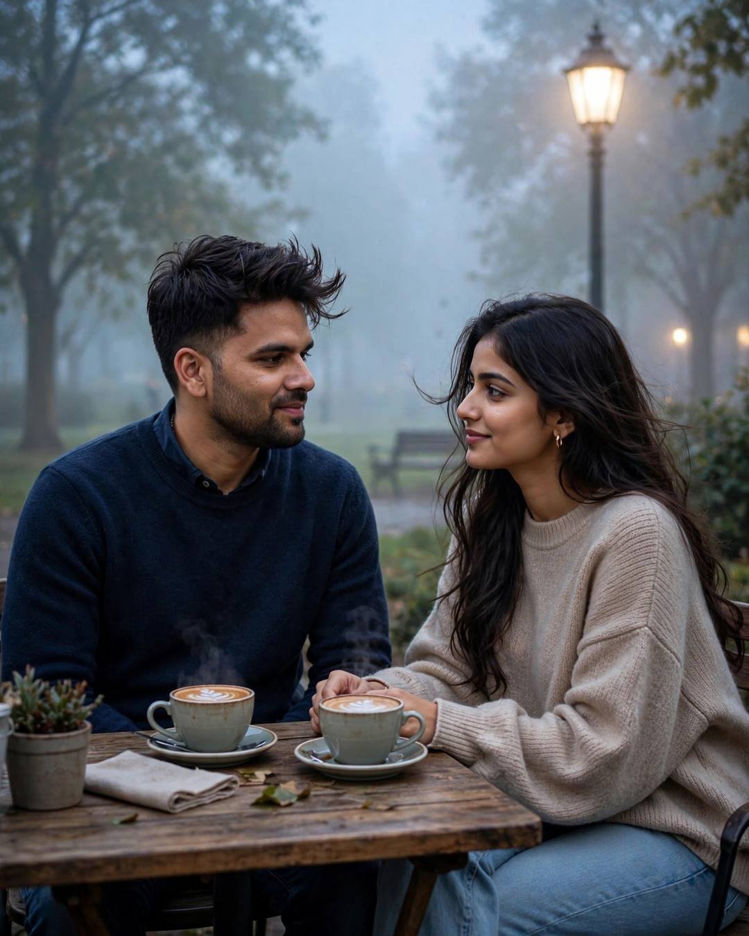 A young couple sits at a small table in a foggy park under a lone lamp — he in a navy sweater, she in a beige sweater — steaming coffees between them, exchanging soft glances.