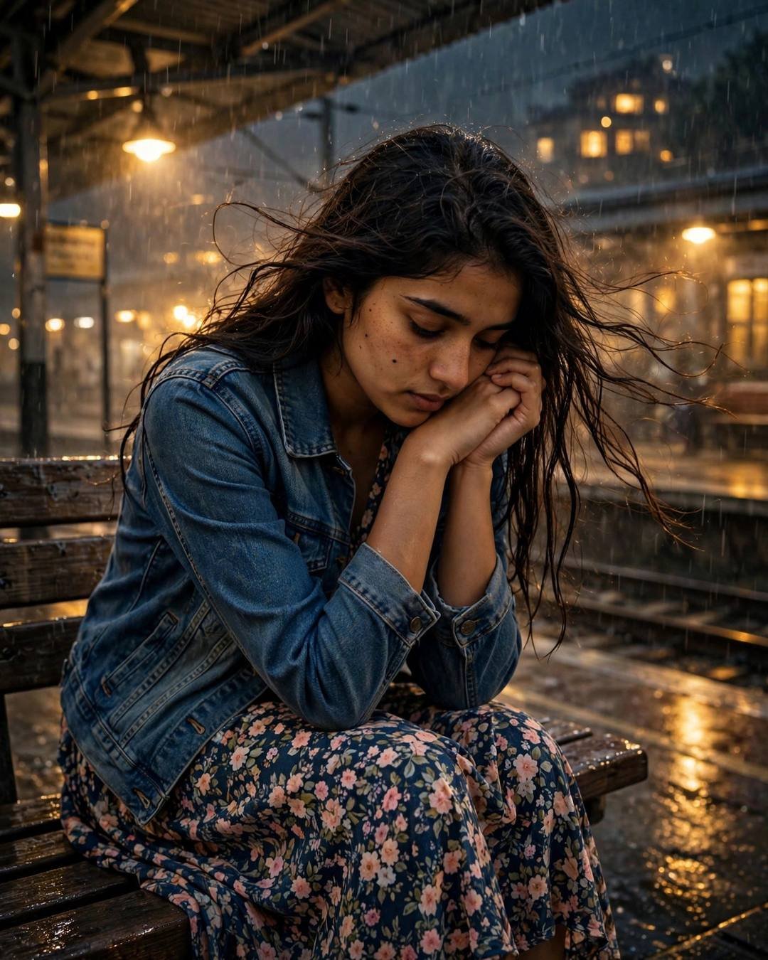 A young Indian woman in a denim jacket sits on a rainy railway platform bench at night, head resting in her hands, wind-blown hair, golden city lights glowing through the rain.
