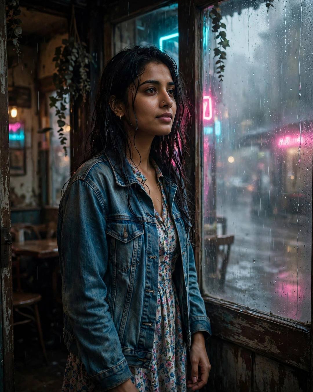 A young Indian woman in a denim jacket stands in an old cafe doorway, neon pink and cyan reflections smearing across the rain-streaked glass around her.